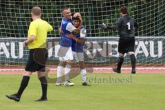 Kreisklasse -  Saison 2023/2024 - DJK Ingolstadt - FC Tegernbach - Der 1:1 Ausgleichstreffer durch Vasile Serban blau DJK Ingolstadt - Lukas Heinziger Torwart Tegernbach - jubel - Isa Gashi blau DJK Ingolstadt - Foto: Meyer Jürgen
