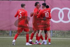 Bayernliga Süd - Saison 2022/2023 - FC Ingolstadt 04 - SV Kirchanschöring - Der 1:0 Führungstreffer durch Mussa Fofanah (Nr.7 - FCI II) - jubel - Fabio Riedl (Nr.24 - FCI II) rechts - Juan Ignacio Cabrera (Nr.27 - FCI II) - Ishak Karaogul (Nr.10 - FCI II)