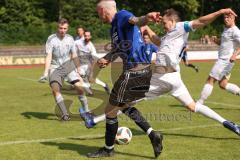 Kreisliga - Saison 2022/2023 - DJK Ingolstadt - SV Sandersdorf - Sandro Rott blau Sandersdorf - Florian Dormeier weiss DJK Ing - Philipp Roeckl Torwart DJK Ing - Foto: Meyer Jürgen