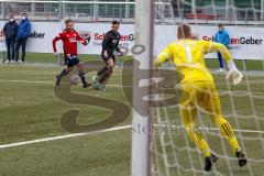 Bayernliga Süd - Saison 2021/2022 - FC Ingolstadt 04 II -  SpVgg Unterhaching - Arian Llugiqi #9 FCI  - Kevin Darmstädter Torwart Haching - Foto: Meyer Jürgen