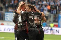 2023_11_11 - 3. Liga - Saison 2023/24 - MSV Duisburg - FC Ingolstadt 04 - Der 0:2 Führungstreffer durch Lukas Fröde (Nr.34 - FCI) - jubel - Simon  Lorenz (Nr.32 - FCI) - Paul Herbert (Nr.28 - FCI) - Ryan Malone (Nr.16 - FCI) - Foto: Meyer Jürgen