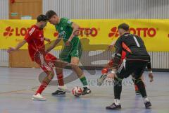 Lotto Bayern Hallencup - Saison 2024/25 - Halbfinale  - SV Manching -  Türkisch SV Ingolstadt - Arjon Kryeziu rot Türkisch SV - Simon Berger grün Manching - Tobias Goos Torwart Türkisch SV -  Foto: Meyer Jürgen