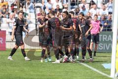3. Liga; TSV 1860 München - FC Ingolstadt 04; Tor Jubel Treffer 1:2 Führung durch Max Besuschkow (17, FCI) Fredrik Carlsen (8, FCI) Jonas Scholz (15, FCI) Max Plath (14 FCI) Simon Lorenz (32, FCI) Yann Sturm (7, FCI) Georgios Antzoulas (6, FCI)