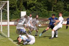 Kreisliga - Saison 2022/2023 - DJK Ingolstadt - SV Sandersdorf - - Florian Dormeier weiss DJK Ing am Boden -  Philipp Roeckl Torwart DJK Ing - Andreas Winkler blau Sandersdorf - Foto: Meyer Jürgen