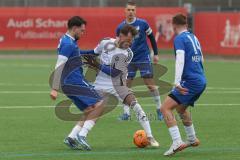 AUDI - Schanzer Amateur Cup - Halbfinale 1 - Saison 2024/25 - FC Mindelstetten - SV Menning - Moritz Liedl weiss Mindelstetten - Noah Kamenjasevic blau Menning links - Florian Reszler blau Menning rechts - Foto: Meyer Jürgen