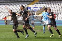 Toto Pokal - TSV 1860 München - FC Ingolstadt 04 - Maximilian Beister (11, FCI) köpft zum 0:1 Tor Führung Jubel, Justin Butler (31, FCI) Ilmari Niskanen (22, FCI) Marveille Biankadi (19, 1860)