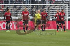 3.Liga - Saison 2022/2023 - SV 07 Elversberg - FC Ingolstadt 04 - Der 4:2 Treffer durch Thore Jacobsen (Nr.31 - SV Elversberg) - per Elfmeter - Enttäuschte Gesichter - David Kopacz (Nr.29 - FCI) - Tobias Bech (Nr.11 - FCI) - Marcel Costly (Nr.22 - FCI) - 