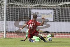 Kreisklasse- Saison 2023/2024 - MTV Ingolstadt - TSV Pförring - Der 1:2 Führungstreffer durch Elias Heiß rot Pförring - jubel - Ivan Covic Torwart MTV - Foto: Meyer Jürgen