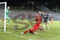 Bayernliga Süd - Saison 2022/2023 - FC Ingolstadt 04 -  VFB Hallbergmoos - Gashi Egson (Nr.9 - Fc Ingolstadt 04 II) mit einer Torchance - Carl Opitz schwarz Hallbergmoos - Dominic Dachs Torwart Hallbergmoos - Karaogul Ishak (Nr.10 - Fc Ingolstadt 04 II) -