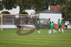 Landesliga - Saison 2026/27 - SV Manching - SC Cosmos Aystetten - Der 0:1 Führungstreffer durch Hanrieder Elija weis Aystetten  per Elfmeter  - Valentin Puhar TW Manching - jubel - Foto: Meyer Jürgen