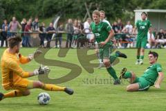 BZL Oberbayern Nord - Testspiel - TSV Aiglsbach - SV Manching - Josef Huber grün Manching mit dem 0:1 Führungstreffer - jubel - Rainer Meisinger links - Andreas Schmidt Torwart Aiglsbach - Foto: Jürgen Meyer