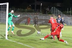 Bayernliga Süd - Saison 2022/2023 - FC Ingolstadt 04 -  VFB Hallbergmoos - Gashi Egson (Nr.9 - Fc Ingolstadt 04 II) mit einer Torchance - Carl Opitz schwarz Hallbergmoos - Dominic Dachs Torwart Hallbergmoos - Karaogul Ishak (Nr.10 - Fc Ingolstadt 04 II) -