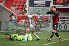 3. Liga - Saison 2026/27 - FC Ingolstadt 04 - SV Wehen Wiesbaden - Nikla May (Nr.5 - Wehen/Wiesbaden) - Georgios Antzoulas (Nr.6 - FCI) mit einer vergebenen Torchance - Torwart Florian Stritzel (Nr.16 - Wehen/Wiesbaden)Foto: Meyer Jürgen