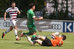 Bezirksliga - Saison 2024/25 - Freundschaftsspiel - FC Gerolfing - SV Kasing - Anastasios Porfyriadis (Nr.27 - FC Gerolfing) - Torwart Michael Wegele (Nr.32 - SV Kasing) - Foto: Meyer Jürgen