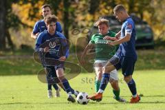 2023_10_28 - Kreisliga - Saison 2023/24 - SV Menning - FC Gerolfing  - Lukas Achhammer grün Gerolfing - Moritz Mayerhofer blau links Menning - Philip Wolfsfellner rechts blau Menning - Foto: Meyer Jürgen