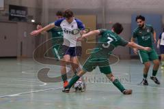 Hallenturnier Ingolstadt Nord - Saison 2024/25 - FC Geisenfeld - TSV Etting - Simon Weidenhiller weisss Etting  - Furkan Bayraktar grün Geisenfeld rechts - Sebastian Ludacka grün Geisenfeld #5 - Manuel Obermayr grün Geisenfeld #3 - Foto: Meyer Jürgen