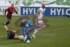 3.Liga - Saison 2022/2023 - SV 07 Elversberg - FC Ingolstadt 04 - Pascal Testroet (Nr.37 - FCI) - Nico Antonitsch (Nr.35 - SV Elversberg) - Torwart Nicolas  Kristof (Nr.20 - SV Elversberg) - Foto: Meyer Jürgen