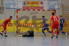 Lotto - Hallen - Bayerncup -  Saison 2022/2023 - FC Fatih Ingolstadt - TSV Ober/Unterhaunstadt -  Baran Fakir Torwart Oberhaunstadt - Thomas Schreiner #23 rot Fatih - Nikola Kamenjasevic #99 blau Oberhaunstadt - Jubel - Foto: Meyer Jürgen
