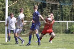 Kreisliga - Saison 2023/2024 - TSV Ober/Unterh.stadt- TSV Mümchsmünster - Simon Bellinghausen blau Oberhstadt - Michael Baumgartner Torwart M.Münster - Foto: Meyer Jürgen