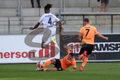 3.Liga - Saison 2023/2024 - SC Freiburg II - FC Ingolstadt 04 - Mladen Cvjetinovic (Nr.19 - FCI) - Jannik Mause (Nr.7 - FCI) - Jordy Makengo (Nr.4 - Freiburg II) - Foto: Meyer Jürgen