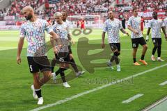 3. Liga; Rot-Weiss Essen - FC Ingolstadt 04; vor dem Spiel Aufwärmtrikot Puma stronger together, Nico Antonitsch (5, FCI) Thomas Rausch (45, FCI) Patrick Schmidt (9, FCI) Nikola Stevanovic (15, FCI)