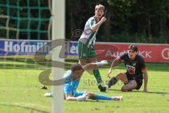Landesliga - Saison 2025/26 - SV Manching - FC Sonthofen - Luca Bienek (Nr.16 - SV Manching) mit dem 1:2 Anschlusstreffer - jubel - Blaku Diar schwarz Sonthofen - Zettler Marco Torwart Sonthofen - Foto: Meyer Jürgen