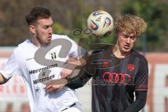 Bayernliga Nord - Saison 2025/26 - FC Ingolstadt 04 II - SpVgg Bayern Hof - Patrick Bachmann (Nr.8 - FC Ingolstadt II) - Niklas Stadelmann weiss Bayern Hof  - Foto: Meyer Jürgen
