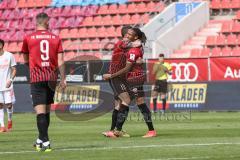 3. Liga - FC Bayern 2 - FC Ingolstadt 04 - Tor Jubel 1:0 Caniggia Ginola Elva (14, FCI) mit Marcel Gaus (19, FCI) Fatih Kaya (9, FCI)