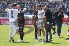 3. Liga; SV Meppen - FC Ingolstadt 04; Tor Jubel Treffer 0:1 Patrick Schmidt (9, FCI) mit dem Kopf, an der Seitenlinie, Spielerbank Cheftrainer Michael Köllner (FCI) Co-Trainer Maniyel Nergiz (FCI) Arian Llugiqi (25, FCI)