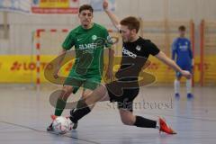 2024_1_6 - Saison 2023/24 - Lotto - Bayern Hallen Cup - Lindenkreuzhalle  - Vorrunde - SG Freising - SV Manching  - Fabio Udella grün Manching - Florian Feucht schwarz Freising - Foto: Meyer Jürgen