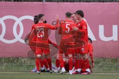 Bayernliga Süd - Saison 2022/2023 - FC Ingolstadt 04 - SV Kirchanschöring - Der 2:0 Führugstreffer durch Michael Senger (Nr.21 - FCI II) - jubel - Ishak Karaogul (Nr.10 - FCI II) - Fabio Riedl (Nr.24 - FCI II) - Foto: Meyer Jürgen