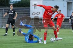 Bayernliga Süd - Saison 2022/2023 - FC Ingolstadt 04 - SV Erlbach - Arian Llugiqi rot FCI - Welder de Souza Lima Torwart Erlbach - Foto: Meyer Jürgen