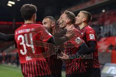 3. Liga - FC Ingolstadt 04 - Türkgücü München - Tor Jubel Tobias Schröck (21, FCI) mit Fatih Kaya (9, FCI) Merlin Röhl (34, FCI) Filip Bilbija (35, FCI)