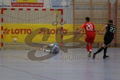 Lotto - Hallen - Bayerncup -  Saison 2022/2023 - FC Fatih Ingolstadt - SV Manching - Halbfinale - Daniel Spies schiesst ein Tor - Jubel - Marco Ernhofer Torwart Fatih - Baris Soysal #20 Fatih -  Foto: Meyer Jürgen