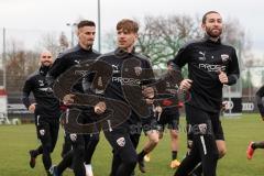 2.BL; FC Ingolstadt 04 - Trainingsstart nach Winterpause, Neuzugänge, Warmup Gruppe Lauf, Denis Linsmayer (23, FCI) Stefan Kutschke (30, FCI) Rico Preißinger (6, FCI) Nico Antonitsch (5, FCI)