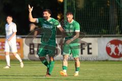 Kreisliga - Saison 2023/24 - Relegation zur BZL - FC Gerolfing - SV Aschau -  Der 1:0 Führungstreffer durch Lukas Achhammer grün Gerolfing - jubel - Anastasios Porfyriadis grün Gerolfing links - Florian Grosz grün Gerolfing - Foto: Meyer Jürgen