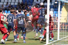 3. Liga - Saison 2025/26 - TSG Hoffenheim II - FC Ingolstadt 04  - Marcel Costly (Nr.22 - FCI) beim Kopfball  - Torwart Lukas Blöndal Petersson (Nr.1 - TSG Hoffenheim II) - Foto: Meyer Jürgen