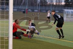 Audi Schanzer Amateur Cup 2022 -  Halbfinale 2 - DJK Ingolstadt - TSV Walpertskirchen - Thomas Pfanzelt Torwart Walpertskirchen - Fabian Kuppe #2 weiss DJK Ingolstadt - Foto: Jürgen Meyer