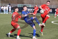 Bayernliga Süd - Saison 2022/2023 - FC Ingolstadt 04 - FC Deisenhofen - Simon Kampmann (Nr.20 - FCI II) links - Mario Götzendorfer (Nr.23 - FCI II) rechts - Michael Bachhuber blau Deisenhofen - Foto: Meyer Jürgen