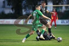 Bezirksliga - Saison 2023/2024 - SV Manching  TSV Rohrbach - Sebastian Graßl (Nr.10 - SV Manching) - Hagen Leon schwarz Rohrbach stehend - Thoma Tobias schwarz am Boden Rohrbach - Foto: Meyer Jürgen