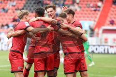 3. Liga; FC Ingolstadt 04 - SSV Ulm; Tor Jubel Treffer 2:1 Simon Lorenz (32, FCI) mit dem Kopf, Fredrik Carlsen (8, FCI) Max Plath (14 FCI) Frederik Christensen (11, FCI) Elias Decker (4, FCI)