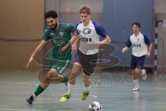 Hallenturnier Ingolstadt Nord - Saison 2024/25 - FC Geisenfeld - TSV Etting - Furkan Bayraktar grün Geisenfeld - Valentin Dietrich weisss Etting - Foto: Meyer Jürgen