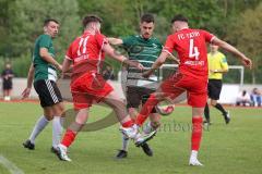 Bezirksliga - Saison 2022/2023 - FC Fatih Ingolstadt - VSST Günzelhofen - Roin Koblianidze rot Fatih #11 - Tomislav Marinovic rot Fatih #4 - Kevin Roth mitte grün Günzelhofen - Foto: Meyer Jürgen