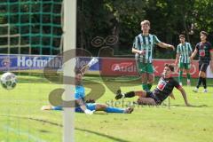 Landesliga - Saison 2025/26 - SV Manching - FC Sonthofen - Luca Bienek (Nr.16 - SV Manching) mit dem 1:2 Anschlusstreffer - jubel - Blaku Diar schwarz Sonthofen - Zettler Marco Torwart Sonthofen - Foto: Meyer Jürgen