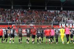 Toto-Pokal - Saison 2023/2024 - FC Ingolstadt 04 - Jahn Regensburg - Elfmeterschießen gewonnen - jubel - Torwart Marius  Funk (Nr.1 - FCI) hält den Elfmeter - Die Mannschaft feiert mit den Fans - - Foto: Meyer Jürgen