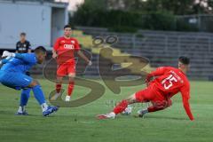 Bayernliga Süd - Saison 2022/2023 - FC Ingolstadt 04 - SV Erlbach - Arian Llugiqi rot FCI - Welder de Souza Lima Torwart Erlbach - Foto: Meyer Jürgen