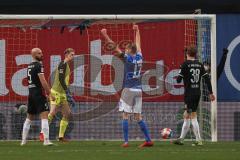 2.BL; Hansa Rostock - FC Ingolstadt 04; Tor Ausgleich 1:1, Jubel Behrens Hanno (17 HR) Torwart Robert Jendrusch (1, FCI) Nico Antonitsch (5, FCI) Thomas Keller (27, FCI) Maximilian Neuberger (38, FCI) enttäuscht