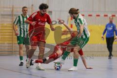 Lotto Bayern Hallencup - Saison 2024/25 - Türkisch SV Ingolstadt - SV Manching - Finale - Daniel Schweiger grün Manching - Daniel Drotleff rot Türkisch  - Johann Rybalko rot liegend Türkisch - Foto: Meyer Jürgen