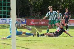 Landesliga - Saison 2025/26 - SV Manching - FC Sonthofen - Luca Bienek (Nr.16 - SV Manching) mit dem 1:2 Anschlusstreffer - jubel - Blaku Diar schwarz Sonthofen - Zettler Marco Torwart Sonthofen - Foto: Meyer Jürgen