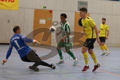 Lotto Bayern Hallencup - Lindenkreuzhalle Saison 2024/25 - FC Hitzhofen - SV Manching - Thomas Geisler TW Manching - Tobias Dietze gelb Hitzhofen mit einem Tor - jubel -  - Foto: Meyer Jürgen